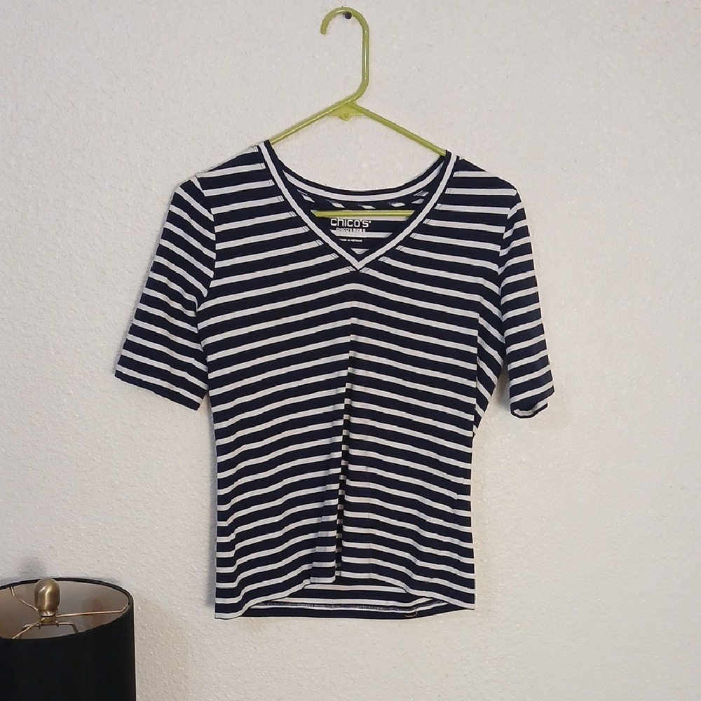 Chico's Navy and White Striped V-Neck Tee